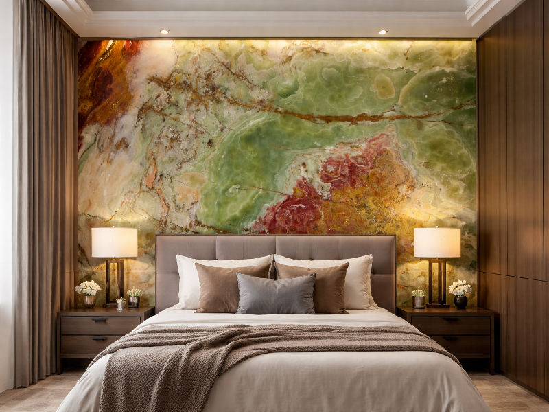 Luxury kitchen interior with Green Onyx countertops and feature wall in GCC villa