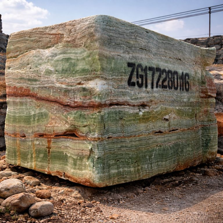 "Raw green onyx stone block with natural patterns, ideal for carving, slabs, and luxury stone projects."