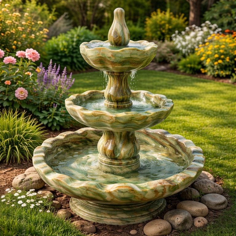 "Hand-carved green onyx stone fountain with polished finish, ideal for luxury interiors and outdoor decor."