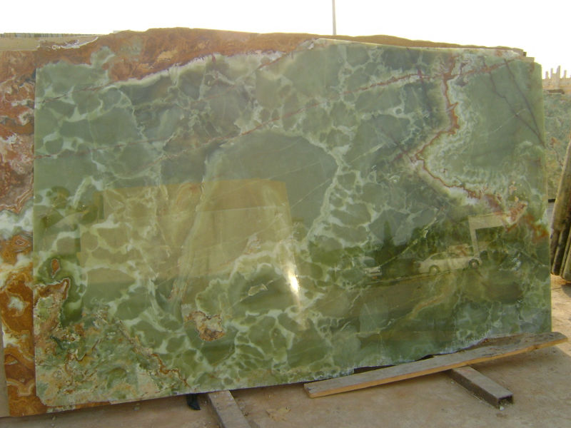 Polished Green Onyx slab ready for installation