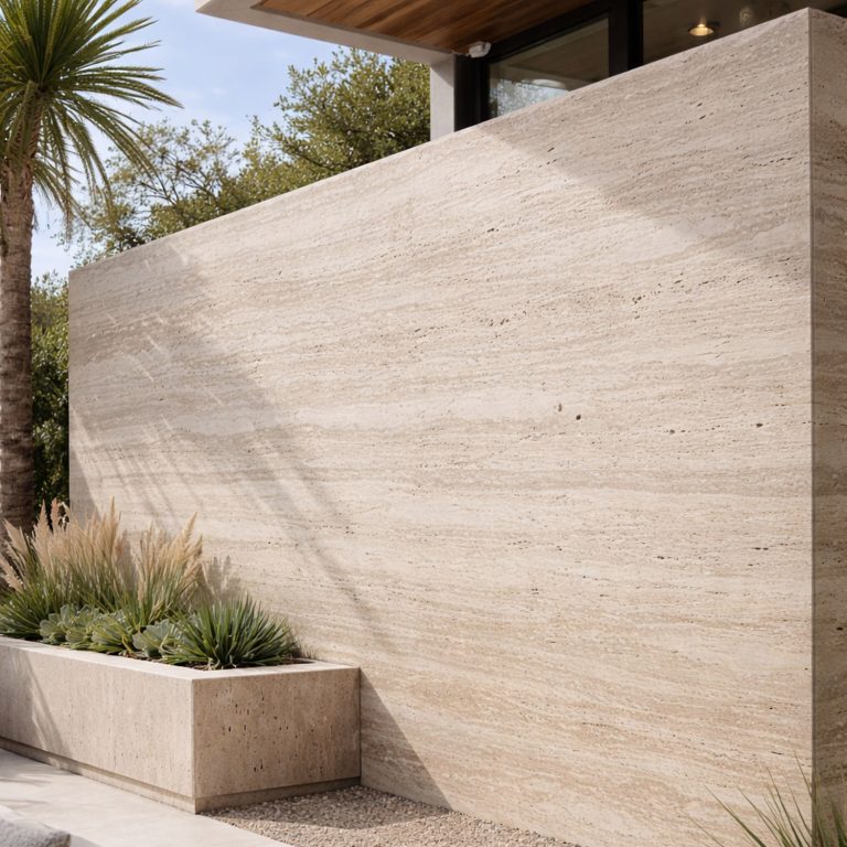 "Elegant travertine wall cladding in beige tones with natural veining, installed in a modern interior space."