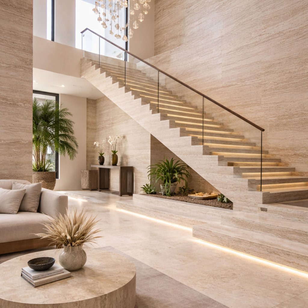 Travertine stone used in luxury villa flooring and interior design