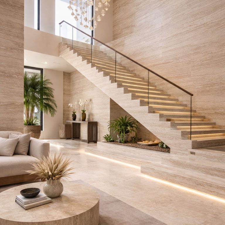 Travertine flooring in a luxury villa interior design mockup