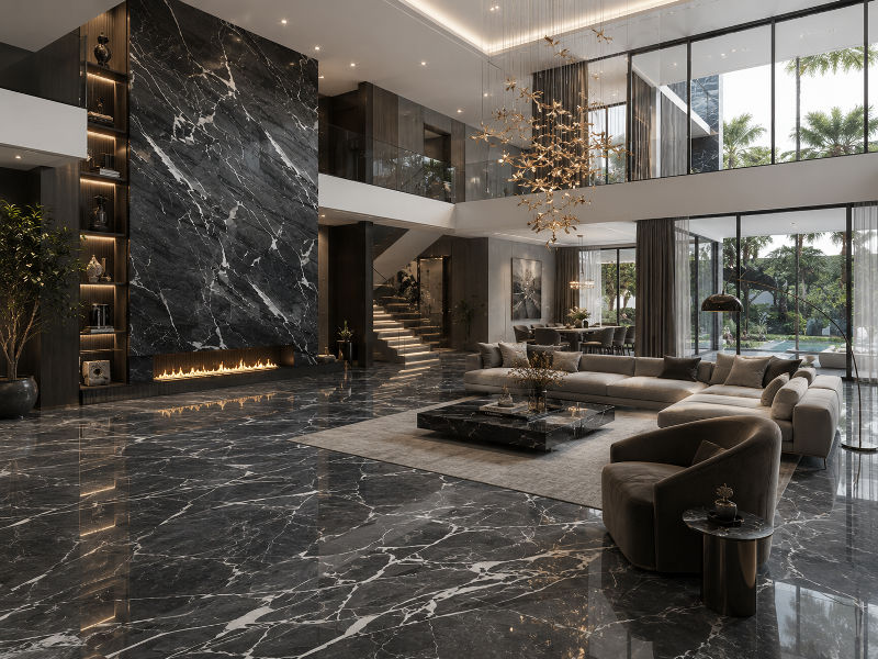 Black and white marble luxury interior design for villas in Oman and GCC