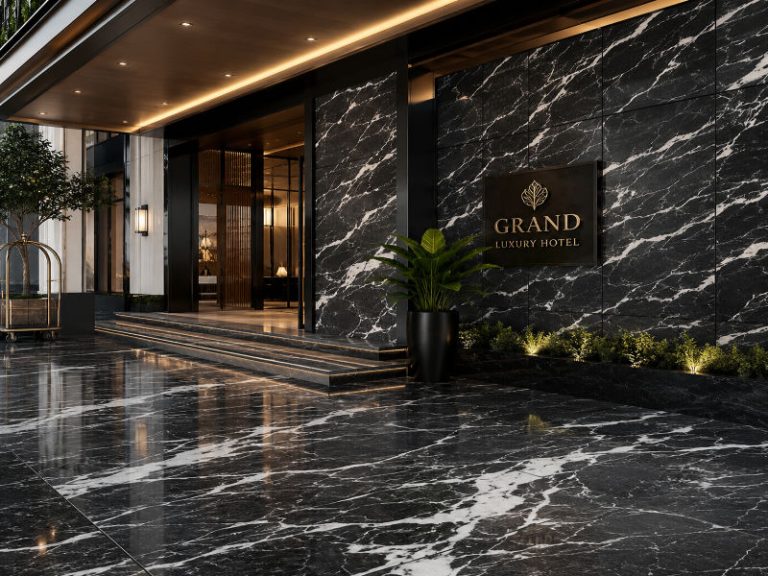 Luxury hotel entrance featuring premium black and white marble flooring and wall cladding made from natural Pakistani marble, ideal for luxury hotels, commercial interiors, and Oman projects.