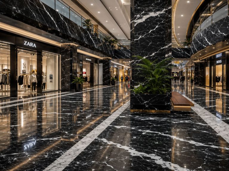 Luxury shopping mall interior featuring premium black and white marble flooring and wall cladding crafted from natural Pakistani marble for high-end commercial spaces.