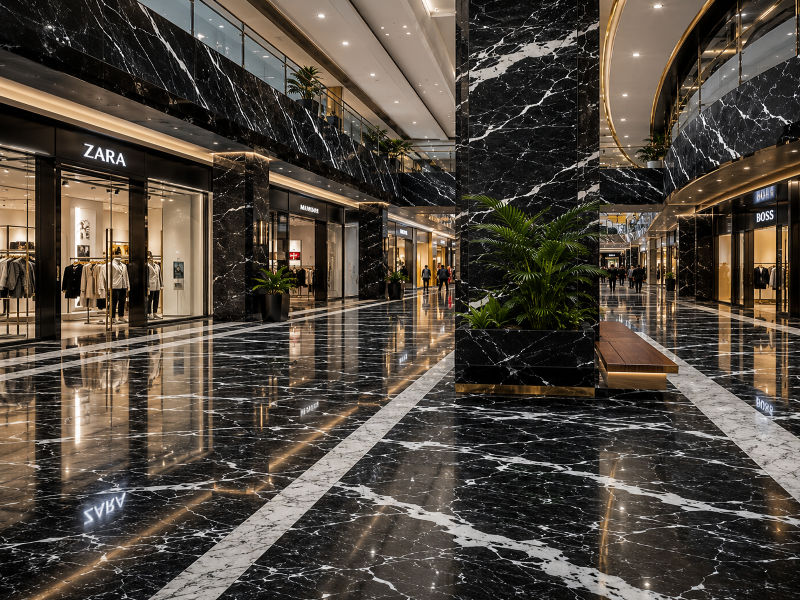 Luxury shopping mall interior featuring premium black and white marble flooring and wall cladding crafted from natural Pakistani marble for high-end commercial spaces.