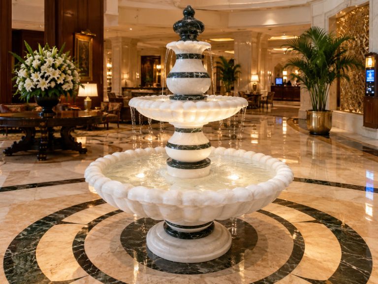 Elegant white marble fountain installed in a luxury hotel lobby, premium indoor water feature for hotels, resorts, and commercial interiors.