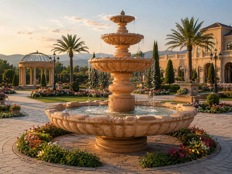 Luxury handcrafted sandstone garden fountain installed in a large landscaped garden, premium outdoor water feature exported from Pakistan to Oman.