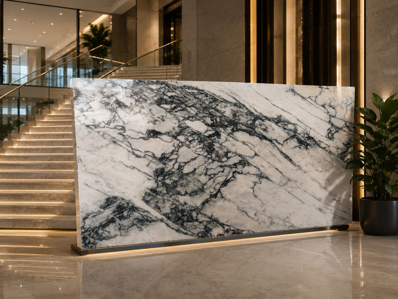 Polished Commando Marble slab for luxury villas, hotels, and commercial interiors