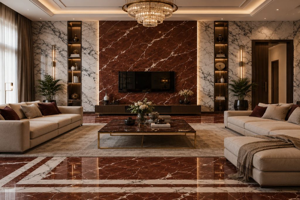 Modern living room with Commando Marble feature wall and polished natural stone flooring for luxury interiors.