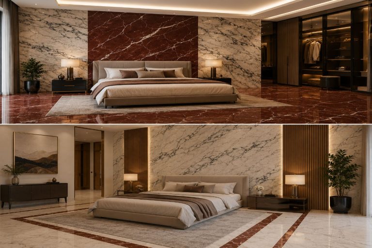 Luxury bedroom featuring Red Zebra Marble wall cladding and natural stone flooring for elegant villa interiors.