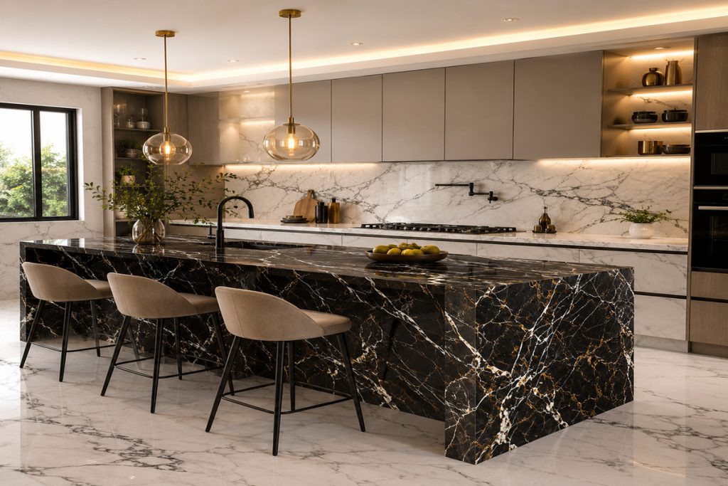 Luxury kitchen featuring Black & Gold Marble and Commando White Marble combination
