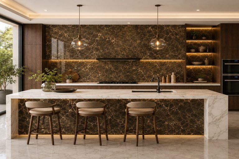 Luxury kitchen featuring Coffee Brown Marble and Commando White Marble combination