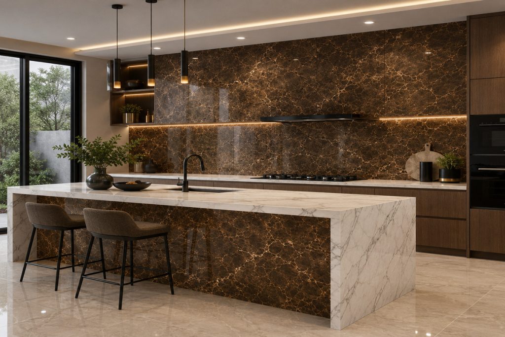 Modern luxury kitchen designed with Coffee Brown and Commando White Marble surfaces