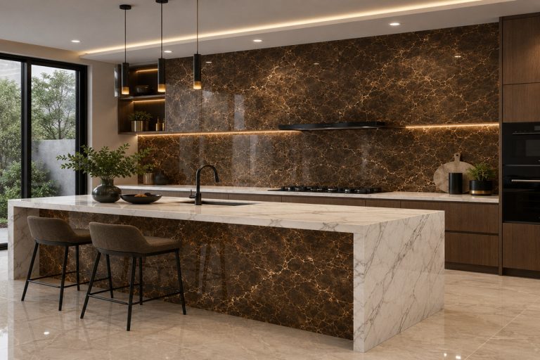 Modern luxury kitchen designed with Coffee Brown and Commando White Marble surfaces