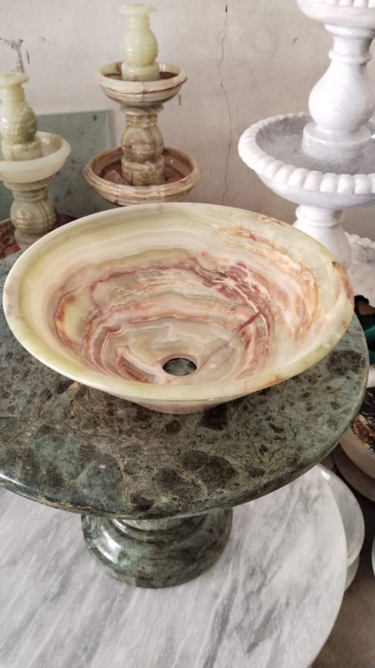 Natural Green Onyx Vessel Sink showing unique stone patterns and polished finish