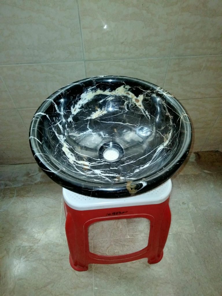 Round black and gold marble vessel sink 16 inch