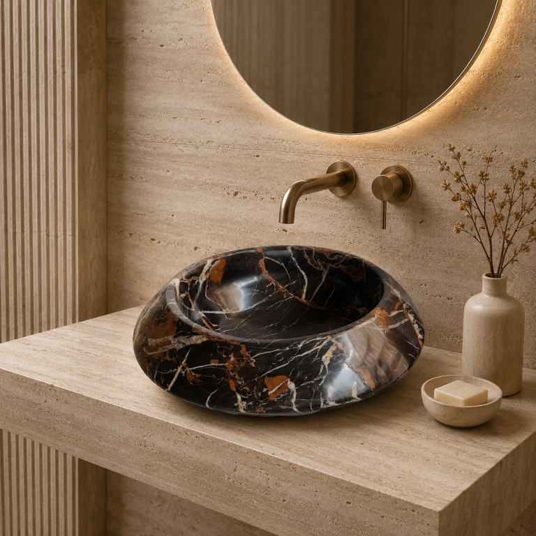Black and gold marble vessel sink in luxury bathroom