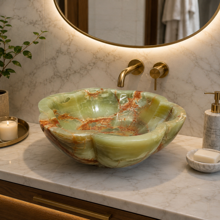 Green Onyx Vessel Sink in a luxury bathroom design for villas and hotels in Oman and GCC