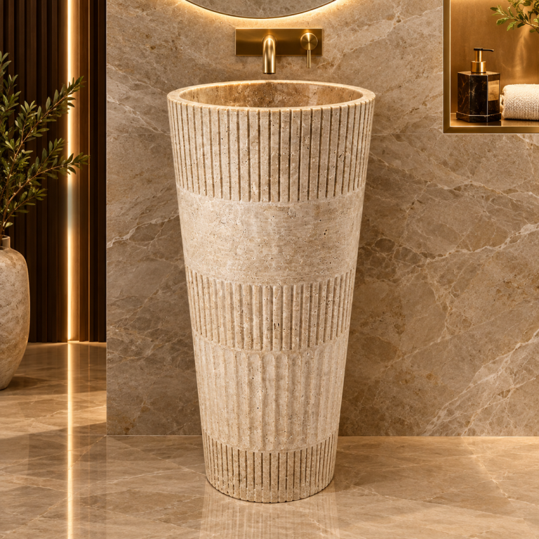 Travertine natural stone pedestal sink for luxury bathroom